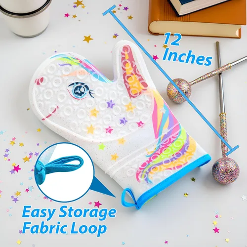 Vista 4 de Guante de horno de silicona con diseño de unicornio mágico con purpurina, guantes de cocina resistentes al calor, silicona suave, forro de tela
