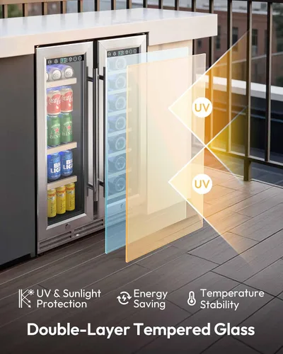 Vista 7 de EUHOMY Refrigerador de vino y bebidas, enfriador de vino de doble zona de 24 pulgadas con puerta de vidrio que contiene 21 botellas y 88 latas