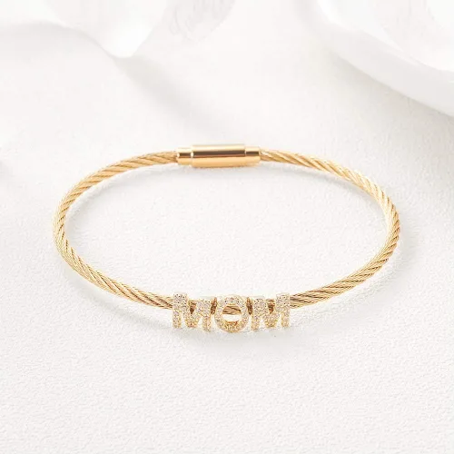 Vista 2 de Gold Cable Wire Bangle with MOMBLESSEDLOVED Bracelets for Women Stainless Steel Twisted Cuff Bracelet for Adults Fashion Jewelry Gift for Mom
