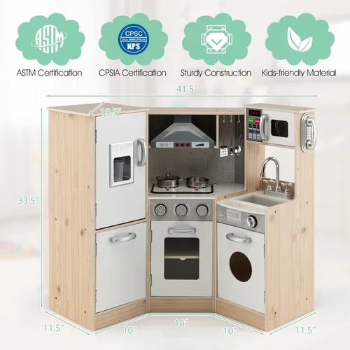 Vista 6 de Costzon Juego de cocina para niños, cocina de juego de simulación de madera 9 en 1 con luz y sonido realistas, máquina de hielo, lavadora