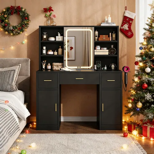 Vista 3 de knoworld - Escritorio de tocador con espejo deslizante y luces LED, mesa de maquillaje inteligente con estación de carga, soporte para secador