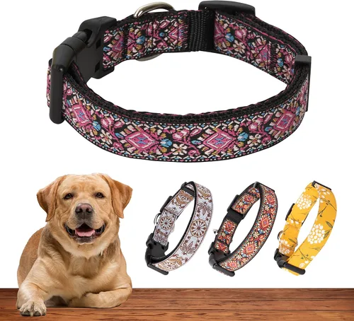 Vista 12 de Collar de perro para perros medianos y grandes, patrón acolchado de algodón con flores en collares de larga duración, ajustables, fuertes