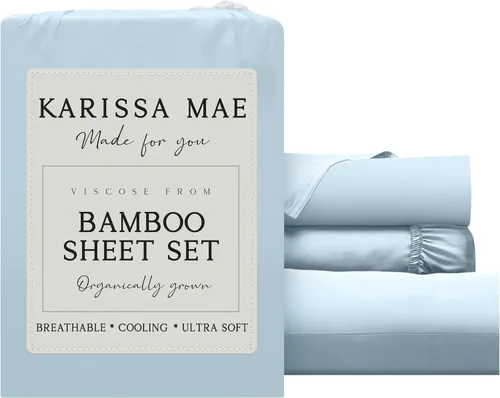 Vista 17 de KARISSA MAE Juego de sábanas de viscosa de bambú de lujo, 100% certificado FSC, refrescante, lujosamente suave, bolsillos profundos de 18 pulgadas