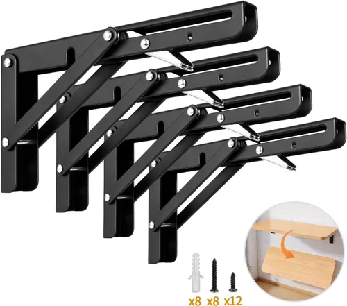 Vista 8 de Yarssihha Soporte plegable de estante de 8 pulgadas, paquete de 2 soportes plegables resistentes montados en la pared, soportes plegables de metal