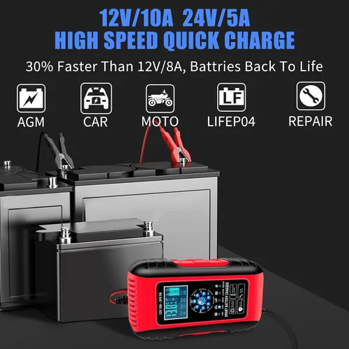 Vista 2 de E-FAST LiFePO4 - Cargador de batería de 10 amperios 12/24 V de plomo ácido completamente automático, cargador de batería de automóvil