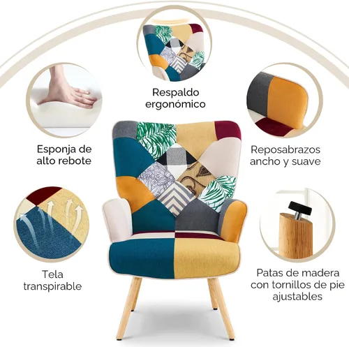 Vista 5 de Silla de Acento, Silla de Sala de Estar, Sillón Moderno de Respaldo Alto, Sillas de Lectura de Patchwork Colorido para Dormitorio, Silla de Descanso