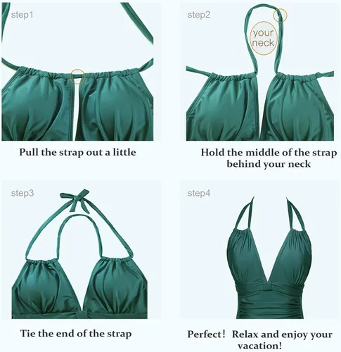 Vista 5 de Smismivo - Traje de baño de una pieza con control de abdomen para mujer halter estilo retro sexy fruncido vintage adelgazante