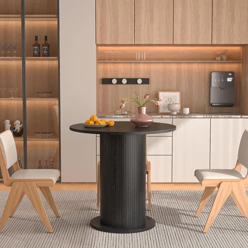 Vista 8 de Mesa de comedor redonda de 59 pulgadas para 6, moderna mesa de cocina de granja, mesas de comedor circulares con base de tira de madera para cocina