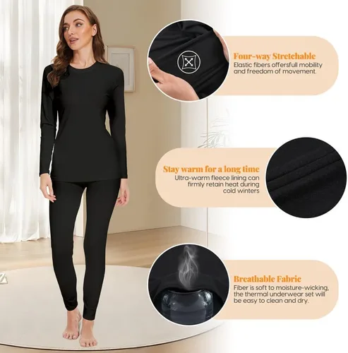 Vista 4 de Long Johns - Conjunto de ropa interior térmica con forro polar para mujer, ropa interior larga cálida, capa base, clima frío