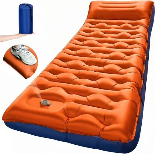 Vista 10 de Colchoneta de dormir para campamento, de 5.9 pulgadas de grosor, con almohada integrada y bomba de pie, almohadilla de dormir autoinflable
