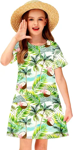 Vista 3 de Deerose Kids Summer Short Sleeve Dresses Hawaiian Tshirt Sundress 3-14 Years Coconut trees