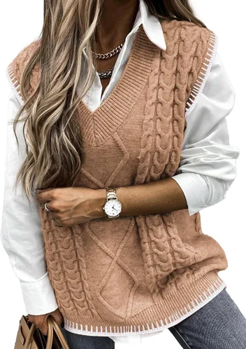 Vista 9 de EVALESS Chaleco Suéter de Gran Tamaño para Mujeres Cuello en V Sin Mangas Color Sólido Suéter Pullover Suelto 1 caqui.