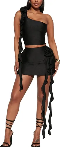 Vista 3 de Azhong Vestido de dos piezas con volantes para mujer, con borlas florales 3D, sin mangas, con un hombro, ombliguera entallada, mini falda camisola