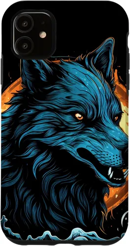 Vista 5 de Funda de arte de fantasía negra oculta para iPhone 14, lobo gótico, lobo y luna
