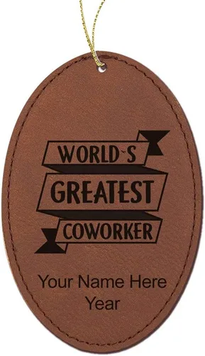 Vista 8 de LaserGram Personalized Christmas Ornament, World's Greatest Coworker, Faux Leather, Custom Laser Engraved Gift Idea (Oval Shape, Rustic)