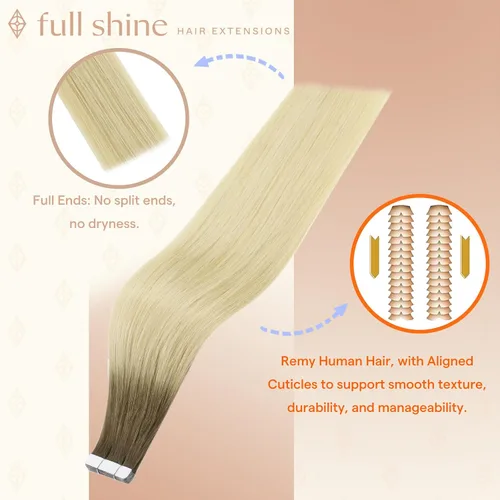 Vista 2 de Fshine Extensiones de cabello humano real con cinta adhesiva, color rubio raíz oscuro, 22 pulgadas, color marrón ceniza degradado a rubio, # 1
