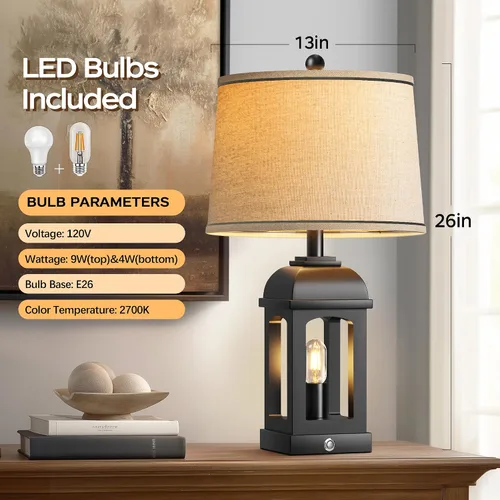 Vista 5 de QiMH Lámpara de mesa para sala de estar, lámparas de granja con USB A+C y luz nocturna, lámparas de noche rústicas de 26" con control táctil