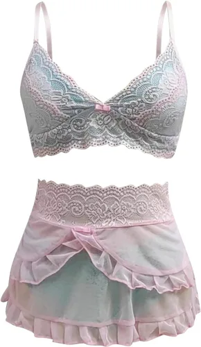 Vista 8 de Conjunto de lencería de moda para mujer, lencería sexy para mujer, disfraz de lencería de encaje (rosa, L)