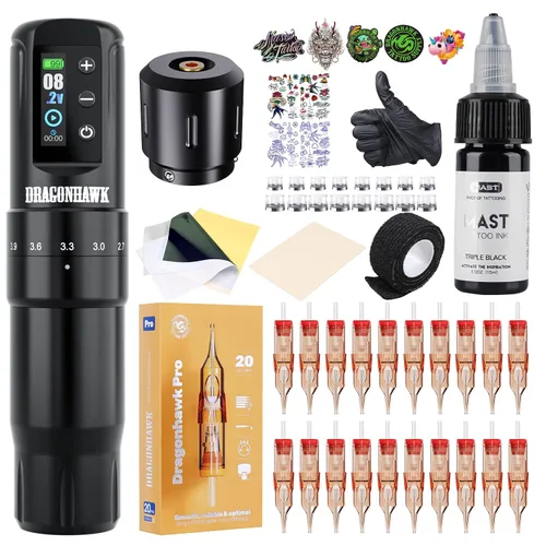 Vista 10 de Dragonhawk Atom2 Pro Kit de máquina de tatuaje inalámbrica con 2