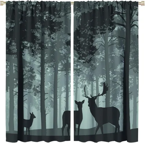 Vista 29 de Cortinas opacas con diseño de ciervos, bosque brumoso, rústico, vida silvestre, alce, montaña, pájaros, pino, bosque, cortinas de ventana