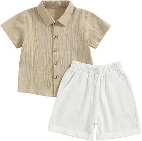 Vista 10 de Karuedoo Conjunto de 2 piezas de ropa de algodón y lino de manga corta con botones y pantalones cortos para el verano A-beige Marrón