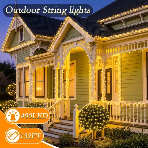 Vista 2 de Tira de luces LED para exteriores de 132 pies, 400 luces LED enchufables IP67, impermeables, con control remoto, 11 modos regulables, blanco cálido