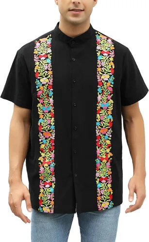 Vista 18 de Camisas mexicanas para hombre, camisas de vestir tradicionales de guayabera para hombre, con botones, cuello de banda, camisa de vestir para fiesta