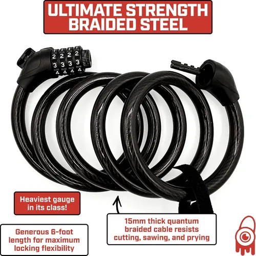 Vista 3 de Cable de bloqueo de bicicleta resistente a cortes más grueso – Calibre 15, cable de acero de 6 pies de largo – Máxima seguridad antirrobo