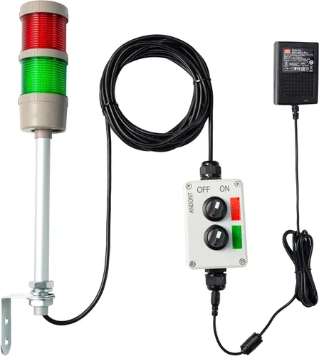 Vista 9 de Luz LED de torre Andon de 2 pilas con zumbador Rojo/verde, encendido/apagado o flash, interruptor ABB, adaptador Mean Well 120V-24V, Plug-and-Play