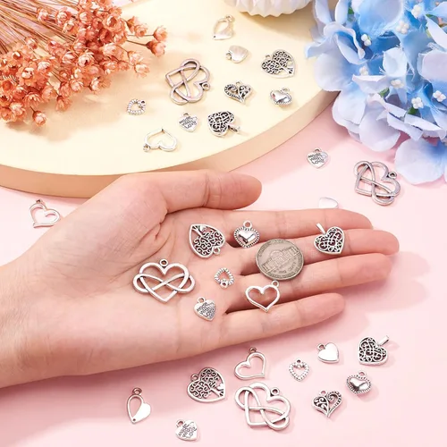 Vista 5 de Pandahall - 100 dijes de aleación de estilo tibetano, dijes de corazón de plata antigua, dijes de corazón dulce para manualidades, aretes, pulseras