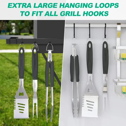 Vista 7 de HAUSHOF Accesorios para Parrilla Grandes de Servicio Pesado, Juego de Barbacoa, Regalos para Hombres y Mujeres - Espátula, Tenedor y Pinzas de Acero