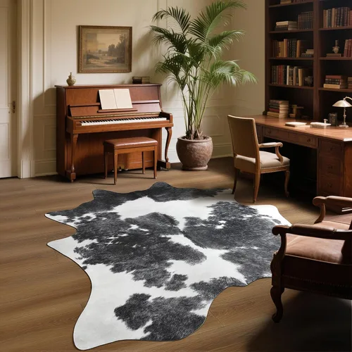 Vista 9 de Easycozy Alfombra de piel de vaca sintética con gran estampado de vaca, 3 x 4 pies, alfombra gruesa y elástica para dormitorio, sala de estar