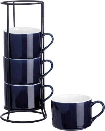 Vista 9 de Juego de 4 tazas de café apilables de 10 onzas con soporte de Negro