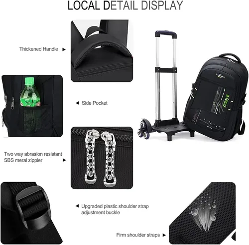 Vista 3 de Voici et Voila Mochila con ruedas con ruedas para computadora portátil, mochila con ruedas y 6 ruedas para niños y niñas, Portátil verde, Mochila