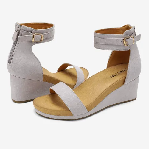 Vista 4 de Dream Pairs Sandalias de plataforma, con cuña y correa al tobillo, con hebilla y punta abierta, para mujer