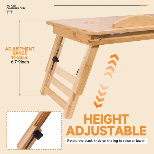 Vista 3 de JELNER Escritorio de bambú ajustable para laptop con ventilador de refrigeración, bandeja de cama plegable para desayuno, escritura y dibujo