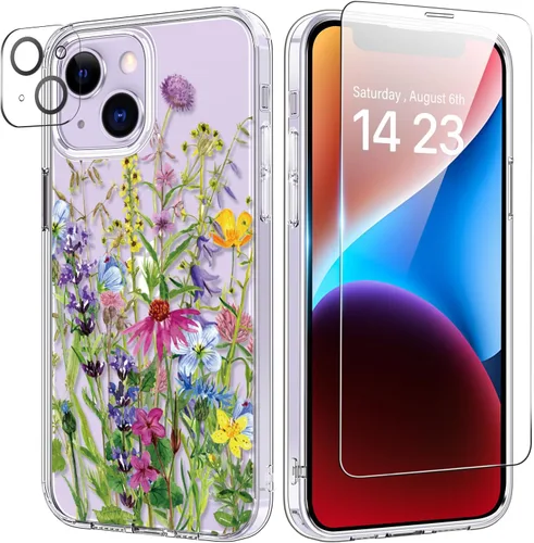 Vista 17 de bicol Funda para iPhone 14 Plus con Protector de Pantalla y Lente de Cámara - Diseños Florales de Moda para Mujeres y Niñas - Funda Transparente