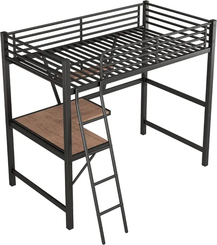 Vista 5 de Merax Litera individual de metal pesado con escritorio/barandilla de longitud completa para niños y niñas, no necesita somier, color negro