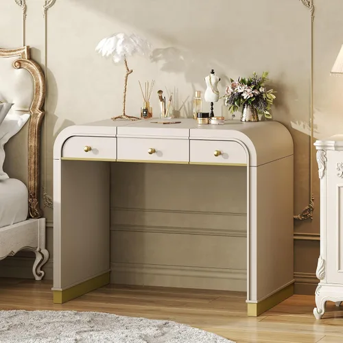 Vista 2 de Escritorio clásico de madera con espejo abatible, tocador 3 en 1 con 2 cajones y espacio de almacenamiento para dormitorio, champán