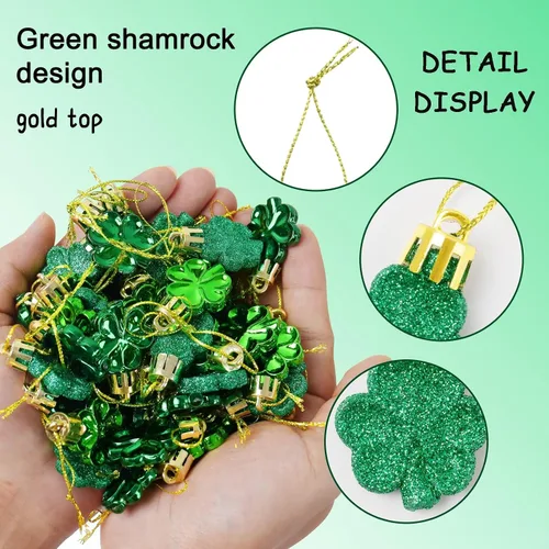 Vista 5 de Juego de adornos de tréboles del día de San Patricio, 48 piezas de trébol de la buena suerte, adornos colgantes decorativos de trébol verde