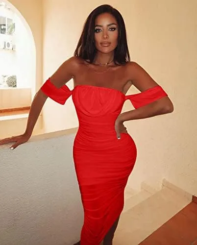 Vista 4 de HOCILLE Vestidos de tubo para mujer, sexy, fruncido, sin tirantes, con hombros descubiertos, para fiesta