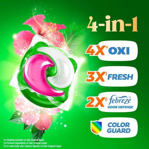 Vista 3 de Gain Super Flings - Cápsulas de detergente para ropa, 45 unidades, aroma Hibiscus Hula, cápsulas de detergente de lavado irresistiblemente limpias