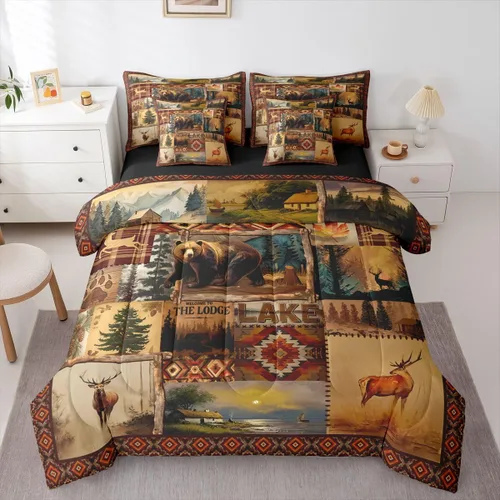 Vista 106 de Feelyou Juego de edredón de ciervo con sábanas – Tamaño Queen 7 piezas Juego de ropa de cama infantil de caza rústica – Cama de ciervo de cabaña