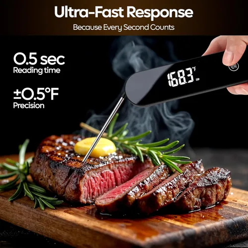 Vista 2 de Termómetro digital de carne de lectura instantánea para cocinar, termómetro de comida rápida de 0.5 segundos, pantalla retroiluminada giratoria
