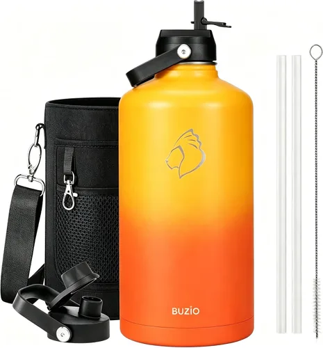 Vista 115 de BUZIO Botella de agua aislada de 24 oz, frasco de agua de boca ancha de acero inoxidable con tapa de pajita, frío durante 48 horas a prueba de Negro