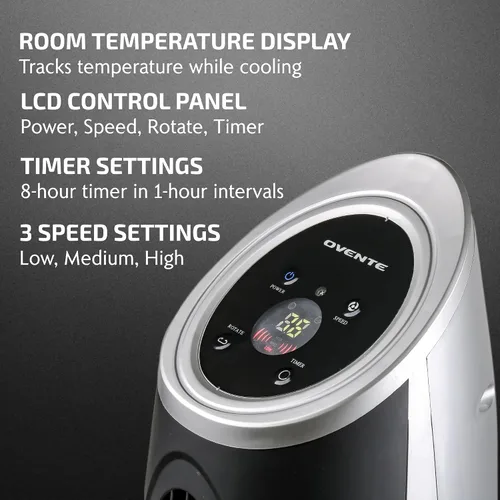 Vista 2 de OVENTE Ventilador de torre oscilante con control remoto, panel LCD de 3 velocidades y temporizador de 8 horas, ventilador de piso silencioso y sin