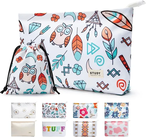 Vista 24 de WLLWOO - 2 bolsas de maquillaje de pana con cara sonriente, bolsa de cosméticos con cremallera interior impermeable, estuche para lápices, monedero