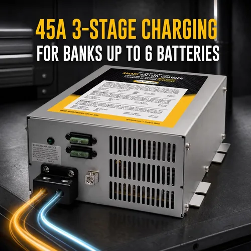 Vista 2 de Go Power GPC-45-MAX Convertidor/cargador de batería de 3 etapas de 45 amperios, diseño compacto, certificación UL, incluye enchufe macho de 15
