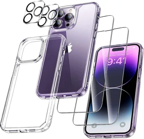Vista 8 de Funda transparente 5 en 1 para iPhone 12, con 2 protectores de pantalla de vidrio templado HD de dureza 9H + 2 protectores de lente de cámara, funda