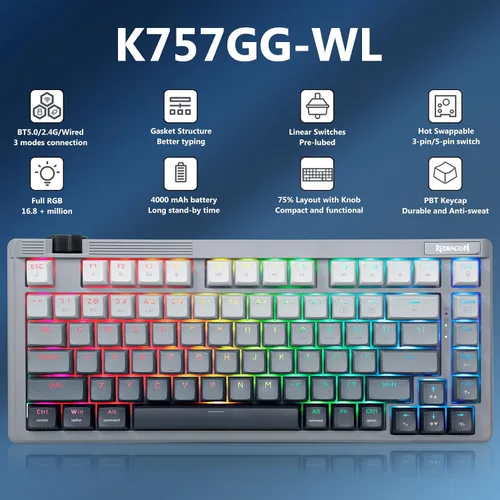 Vista 2 de Redragon Teclado mecánico inalámbrico, Bluetooth/2.4GHz/USB-C con cable, 75% teclado para juegos personalizado intercambiable en caliente
